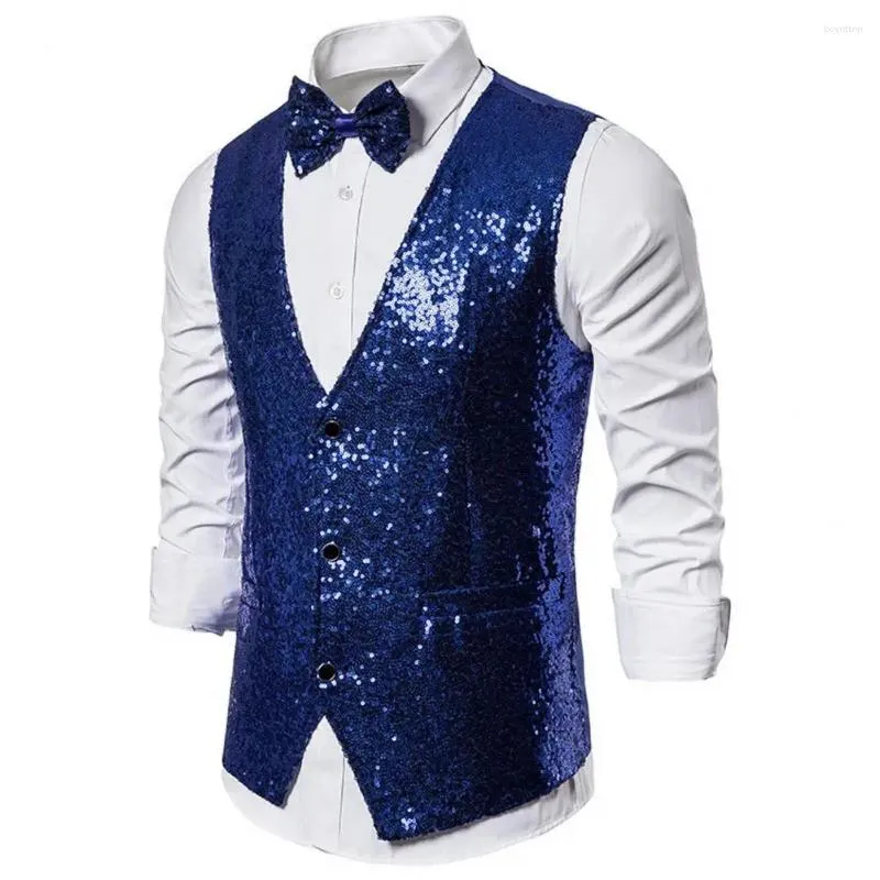 Gilets pour hommes Hommes Polyester Costume Gilet Paillettes Sans manches Slim Fit Bow Set pour spectacle de scène Emcee Performance Col en V à poitrine unique