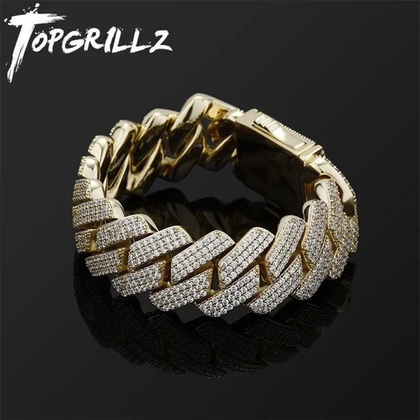 Topgrillz pulseira masculina 20mm 3 fileiras zircônia prong link corrente gelada micro pave cz cubana hip hop moda jóias para presente 2202222652