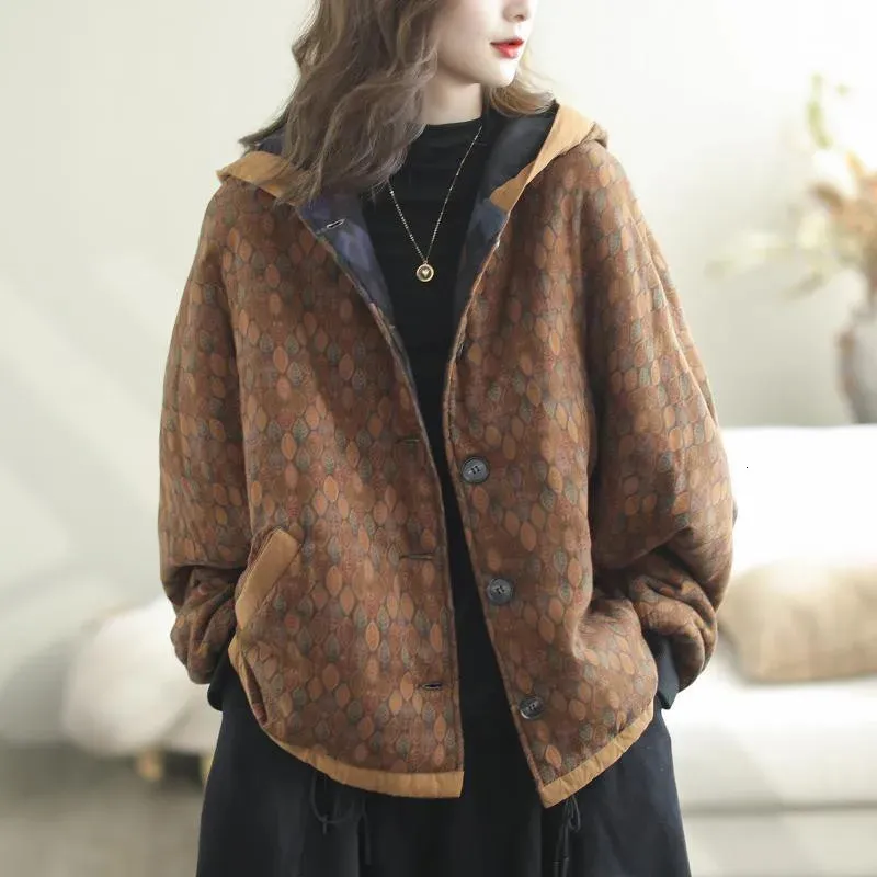 Womens Jackets Autumn Winter Arts Style Women Long Sleeve Loose Quilted Warm Jacket Vintage Print Hooded Cotton Coat P542 231218