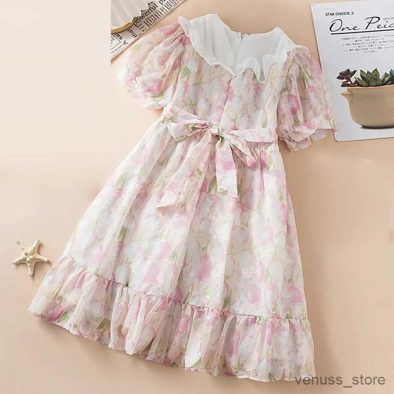 Vestidos da menina crianças vestidos para menina trajes de verão manga curta praia floral impressão longo chiffon vestido bebê crianças roupas 6 8 9 10 12 anos