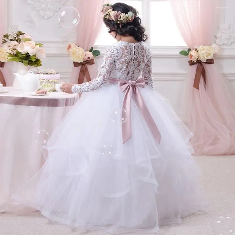 Vestidos de niña de manga larga con encaje estampado, vestido de princesa en capas con flores, primera comunión, boda, fiesta de baile, sueño, regalo para niños