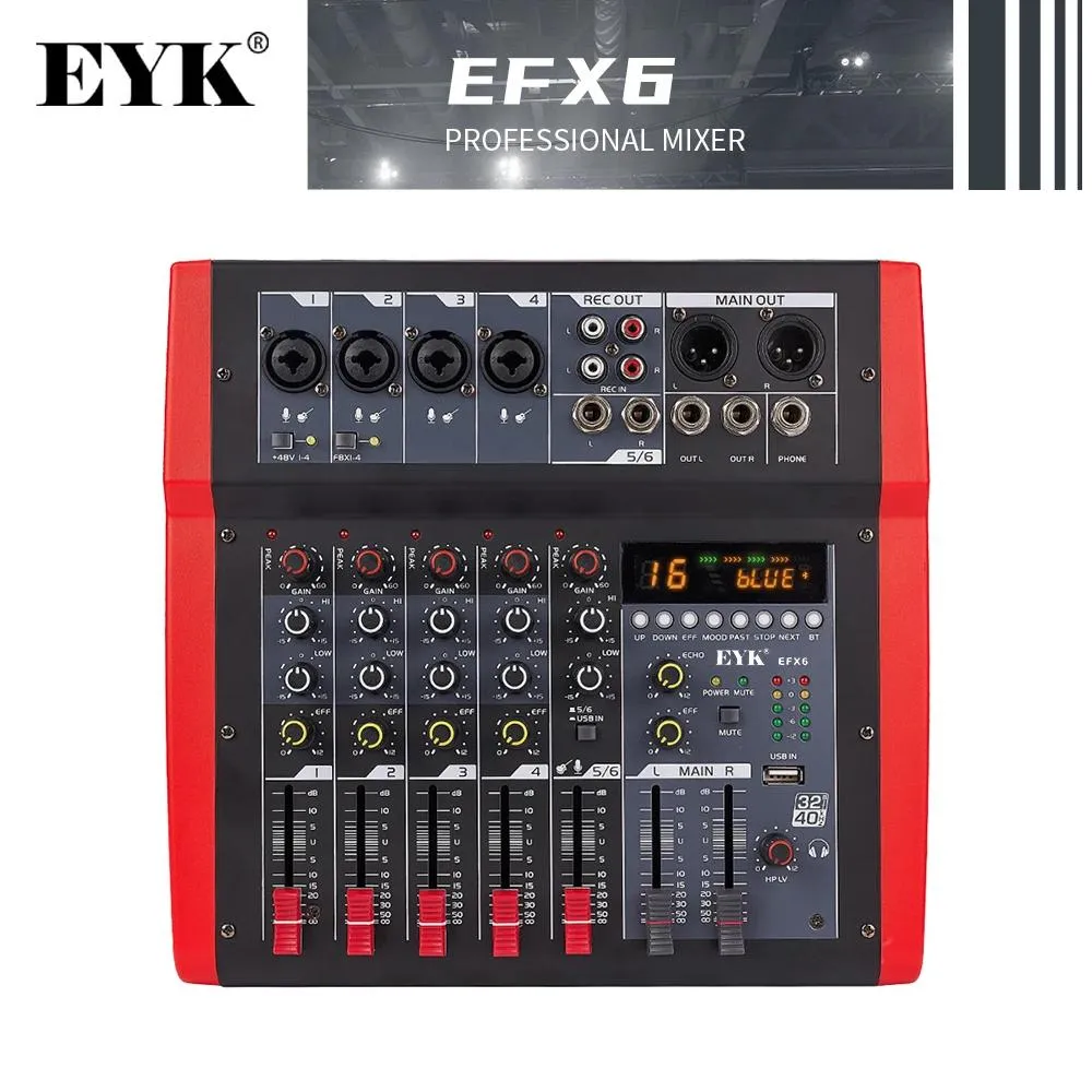 ミキサーEYK EFX6 6チャンネルオーディオミキサー4モノ1ステレオサウンドミキシングコンソールDC 5V 16 DSPエフェクトUSB Bluetoothコンピュータープレイレコーディング