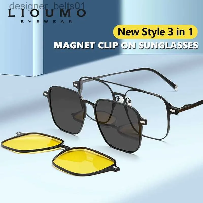 Sunglasses LIOUMO New Design 3 In 1 Magnetic Clip On Glasses High Quality Polarized Sunglasses Men Women Anti-Glare Eyewear gafas de solL231218