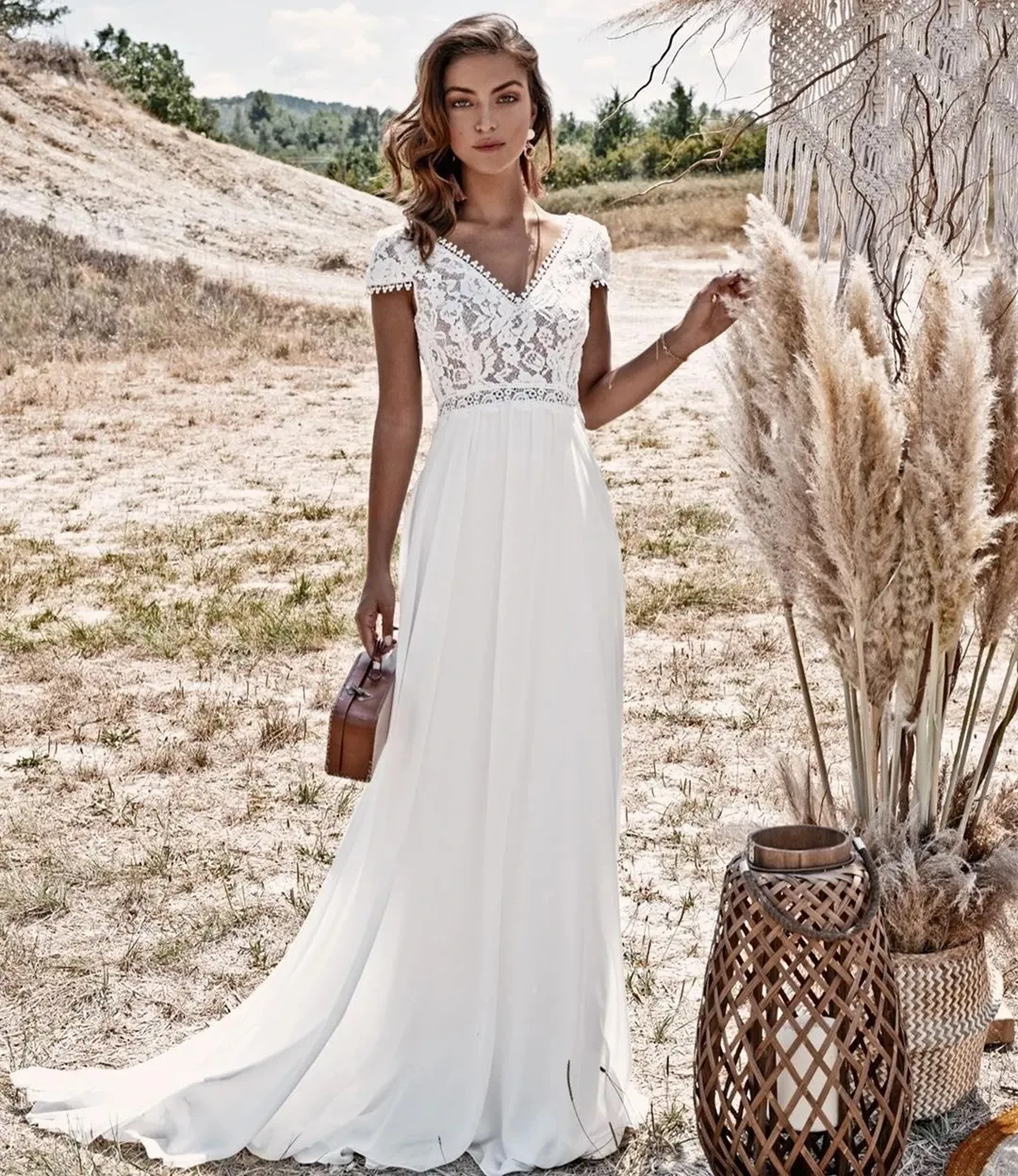 vintage lace chiffon wedding dress Chiffon Lace Vintage Wedding Dress with Long Sleeves
