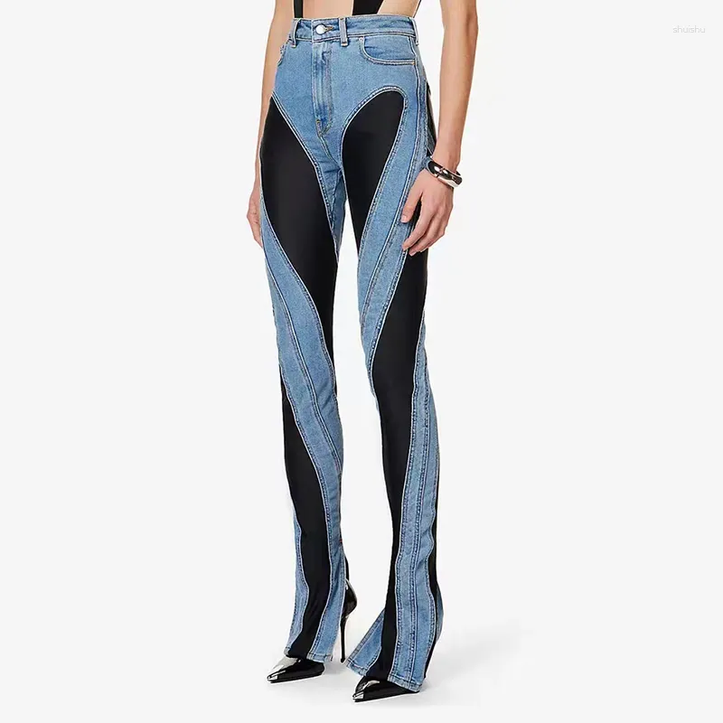 Jean femme spirale épissé haute qualité Chic fille Y2k lignes colorblock taille fente Micro Flarepantalon femme 2023 automne