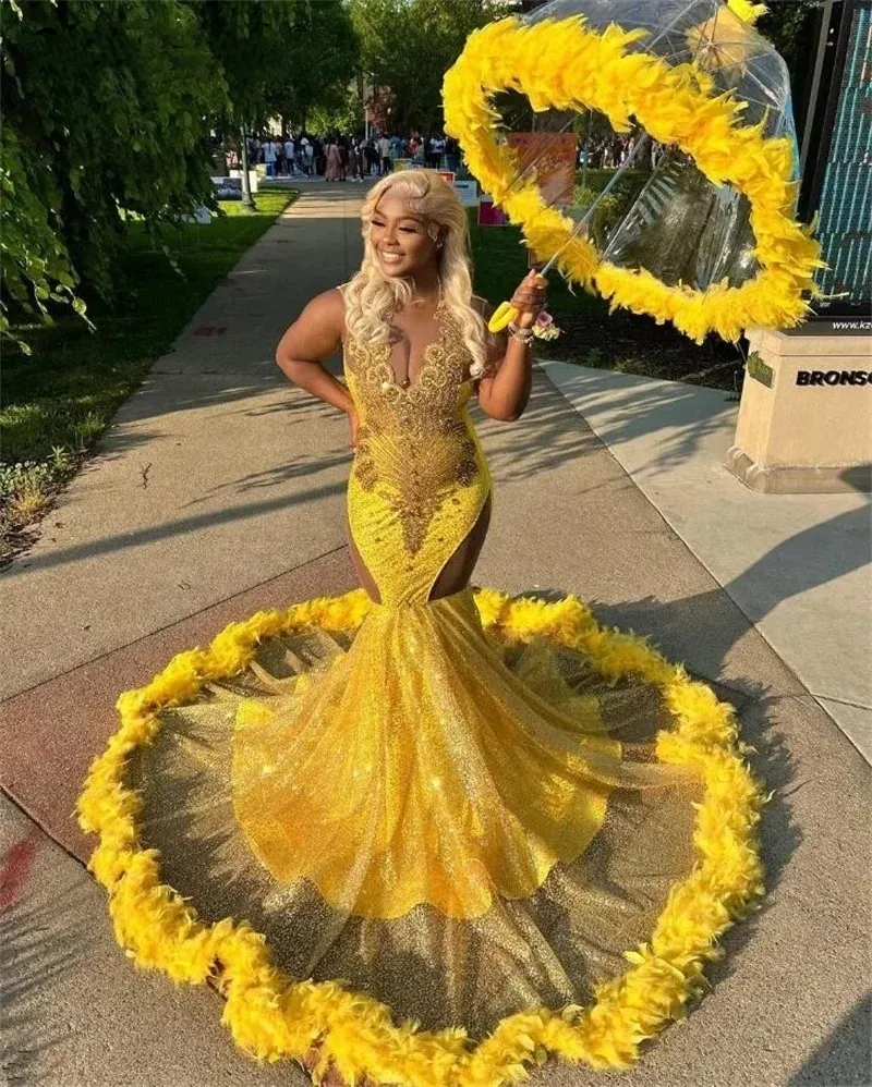 Amarelo sereia diamantes brilhantes vestido de baile 2024 glitter grânulo cristais strass penas festa aniversário vestido robe