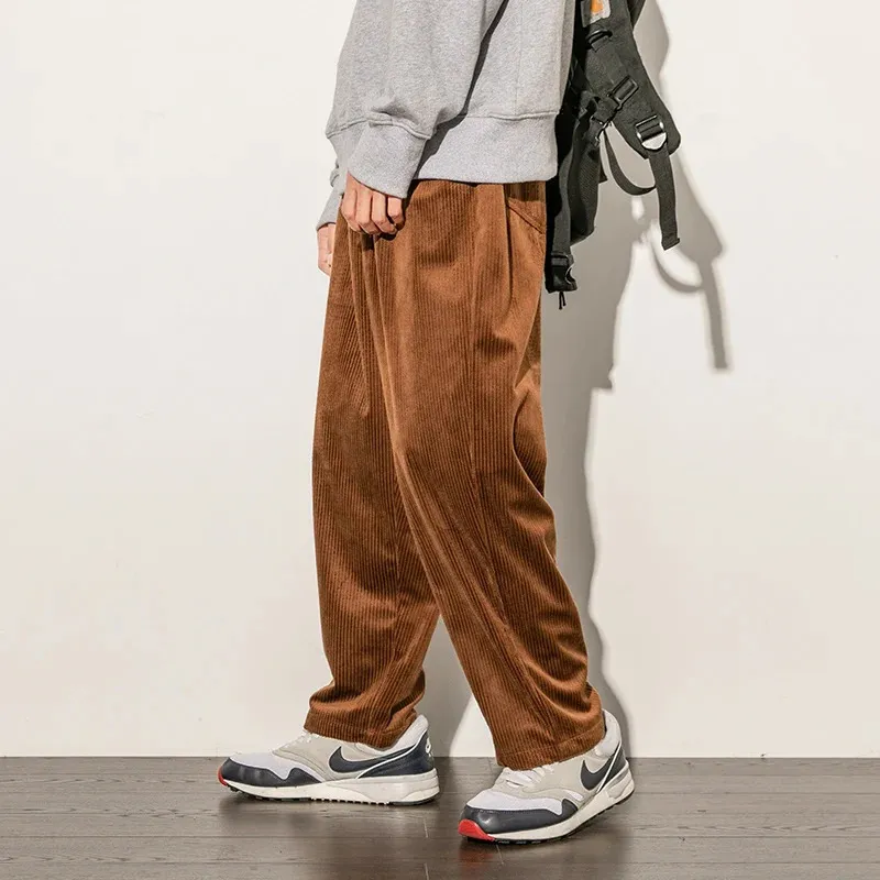 Mens Pants Casual Loose Straight Slacks Elastic Waistband Pant Joggers Corduroy Trousers Work Wide Leg Man Baggy 231218