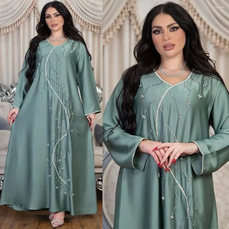 Ropa étnica Diamantes satinados Elegante Abaya Mujeres Vestidos sueltos Turquía Árabe Islam Kaftan Dubai Ramadán Fiesta Noche Marruecos Jalabiya