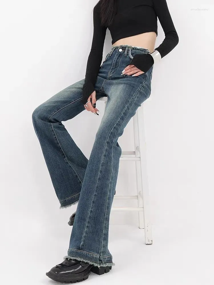 Frauen Jeans Burr Edge Design Hohe Taille Micro Flared Hosen Casual Blau Vintage American Street Weibliche Gerade Denim Hosen