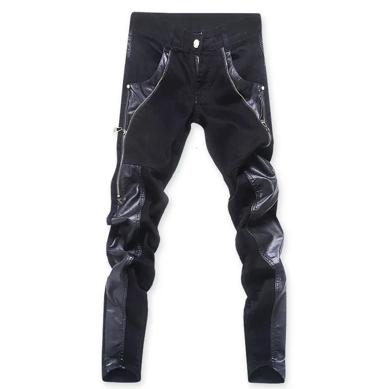 Pantalons pour hommes Designer de mode Noir Zipper Moto Cuir Coréen Slim Skinny Splice Denim 231218