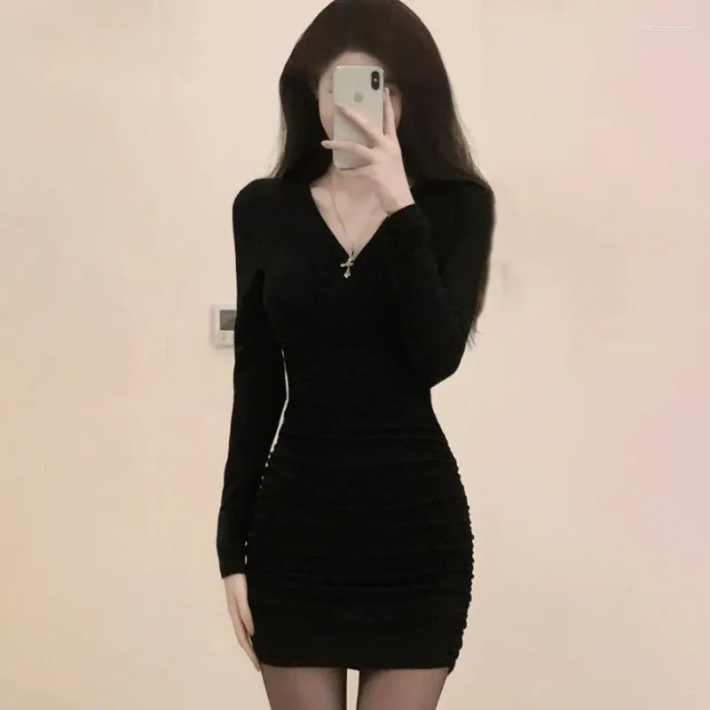 Casual Dresses Black Sticke Dress Women Sexy Wrap Slim Short Mini Dresse Autumn Fall Outfits Beach Dres Y2K Korean Wedding