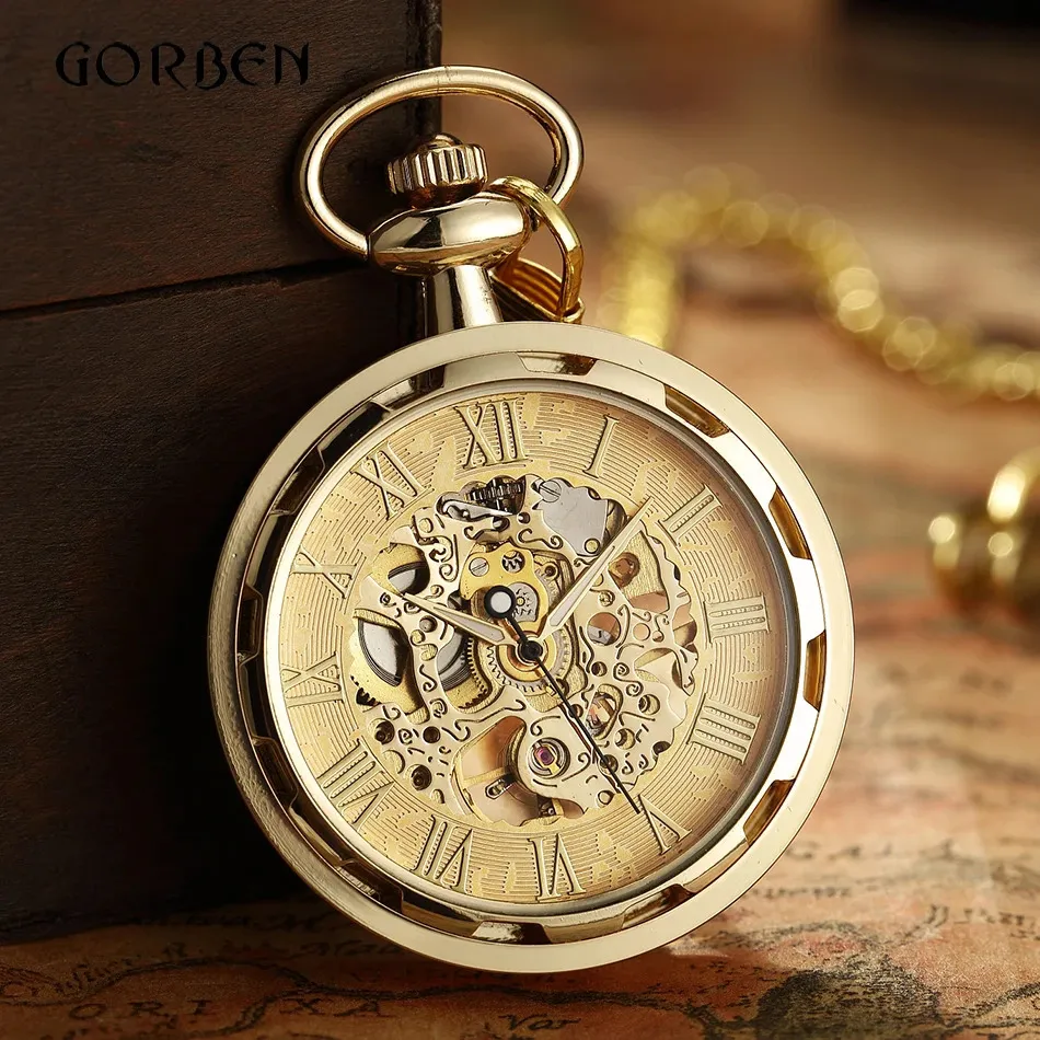 Pocket Watches Luxury Antique Skeleton Mechanical Watch Men Steampunk FOB Clock Pendant Handwinding Relogio de Bolso 231216