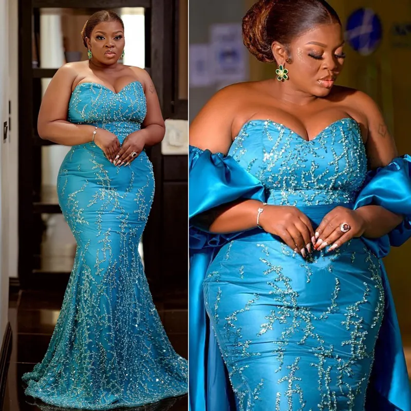 2024 Plus Size Aso Ebi Prom Dresses Mermaid Appliqued Spets Evening Formal Dress with Löstagbar Long Train Shine Birthday Party Dresses For Black Women Pageant St659