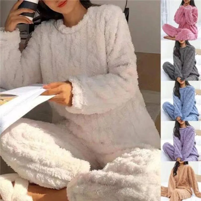 Conjunto de pijama feminino de lã, roupa de dormir macia e quente com gola alta, calças confortáveis, estilo coreano, roupa de noite
