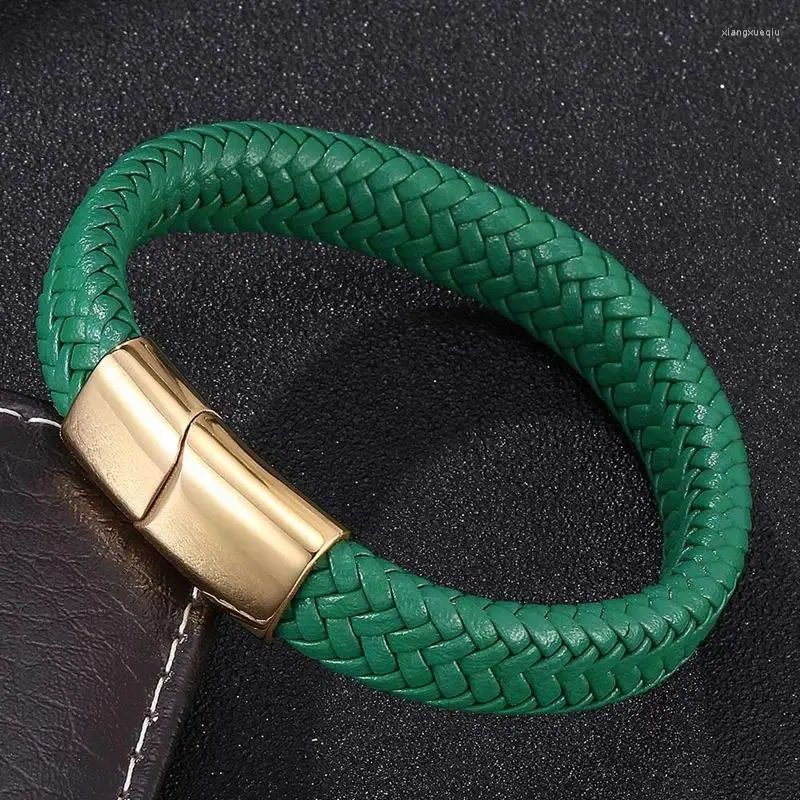 Charm Bracelets Men Women Jewelry Green Braided Leather Bracelet Golden Stainless Steel Magnetic Clasp Fashion Woven Wristband SP0235