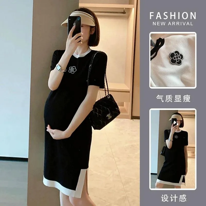 Dresses R60812# Maternity Dress Trendy Fashion Mom Split Dress Women Slim Maternity Clothes Pregnancy Knitted Pregnant Dress