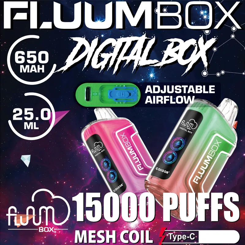 Fluum Box Digital 15000 Puffs Vape Jetable E Cigarettes Puff 15k 0% 2% 5% 25ml Pod prérempli Bobine de maille 650mah Batterie rechargeable Vapers Pen