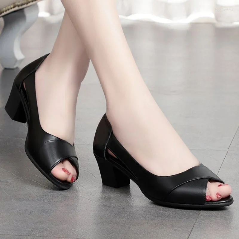 Dress Shoes Fashion Peep Toe Office Black Medium Heels Pumps Open Woman Sandals 2023 Summer Women Zapatos Mujer