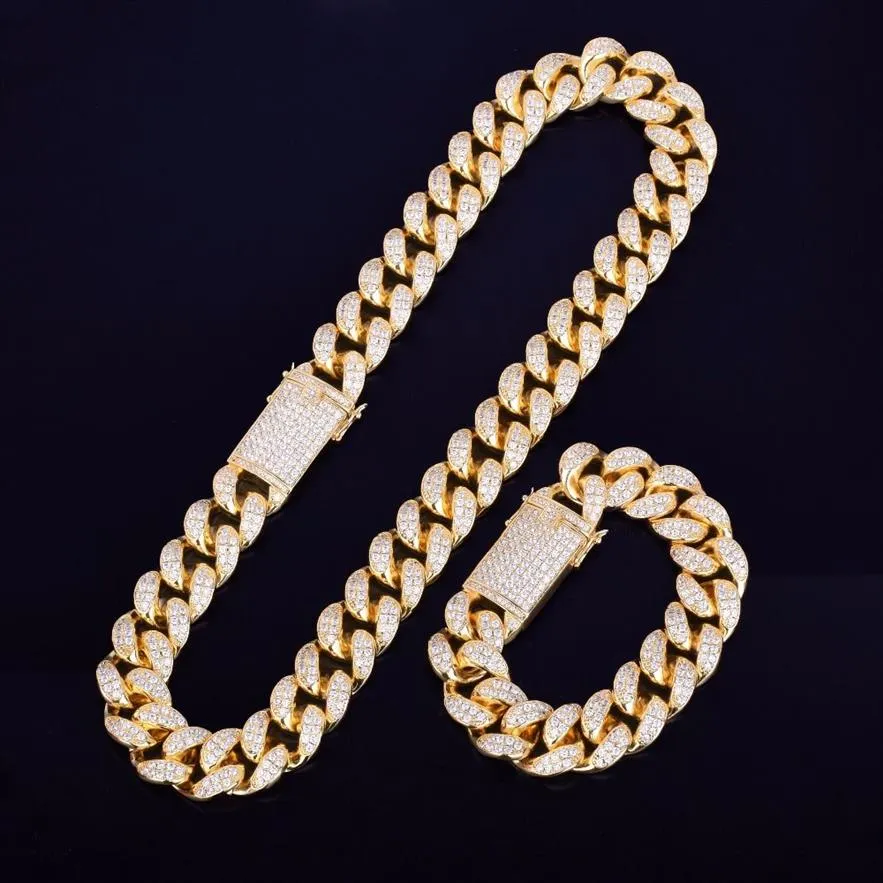 Pesado Cubic Zirconia Miami Collar de cadena cubana para hombres con pulsera Conjunto de collar Oro Plata 20 mm Gargantilla grande Joyería de hip hop 277L
