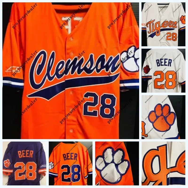 Mens Clemson Tigers 28 Seth Beer NCAA College Baseball Jersey Double Stitched Name 및 Number High Quailty in Stock Fast Shipping