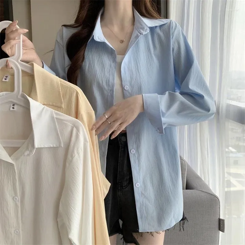 Damenblusen Langarmshirt Damen Frühling Herbst Koreanischer Stil Damen Casual Outwear Top Vintage Blau Beige Weiß Hemden Strickjacke