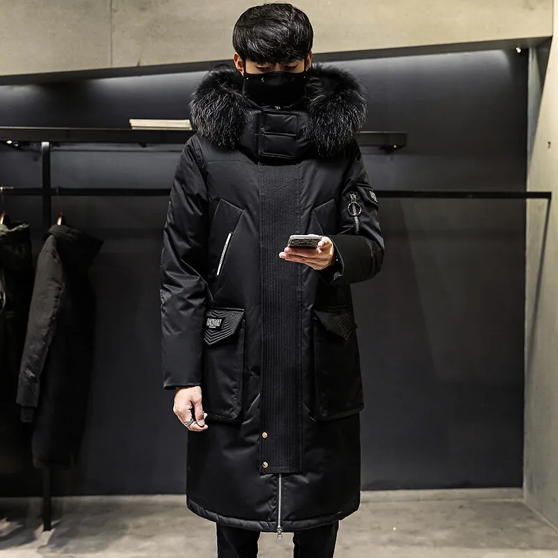 Ny knälängd vinter förtjockad ner jackan för mäns mittlängd varm och stilig mäns ytterkläder trend