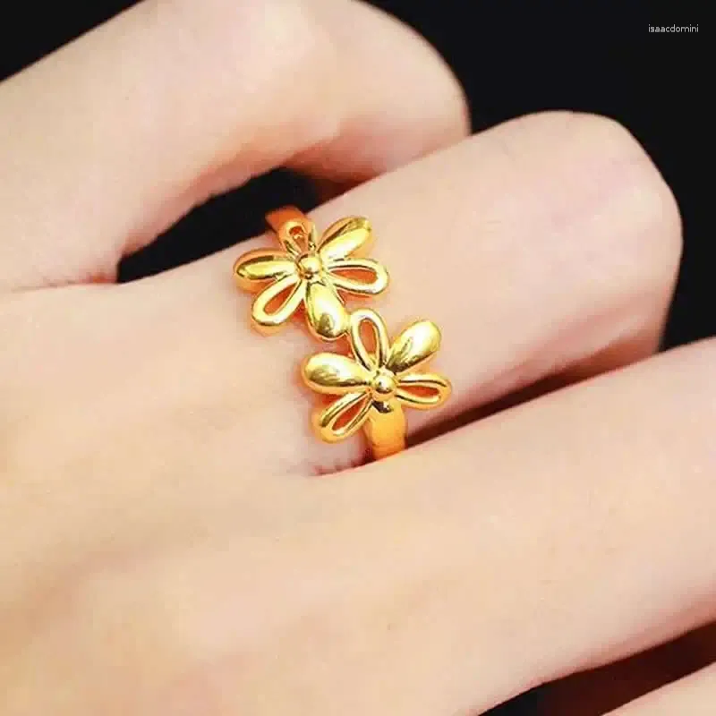 Cluster Rings Pure 24K Yellow Gold Ring Women 3D Flower