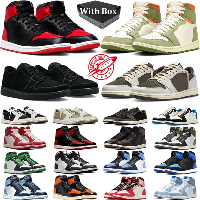 Med Box Men Women 1 basketskor 1s Satin Bred Celadon Low Olive Black Phantom Reverse Mocha Palomino Lost Found Lucky Green Mens Trainer Sneakers