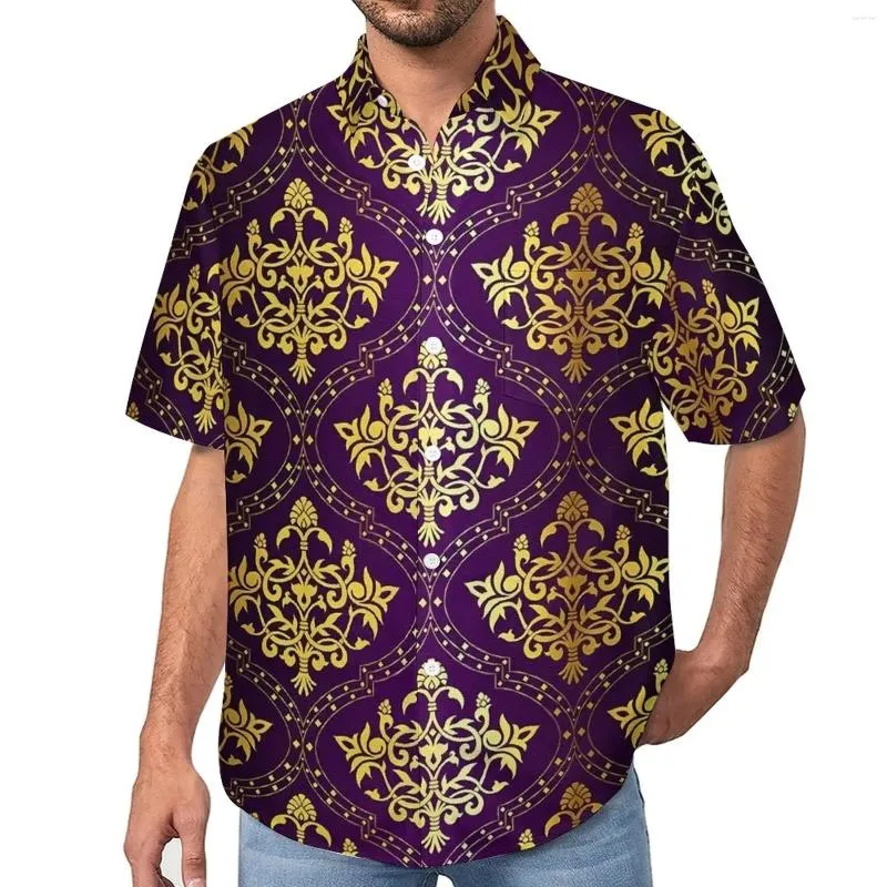 Herren-Freizeithemden, Vintage-Damast-Lose-Hemd, männlich, Urlaub, Lila und Gold, Hawaii, individuell, kurzärmelig, Street-Style, Oversize-Blusen