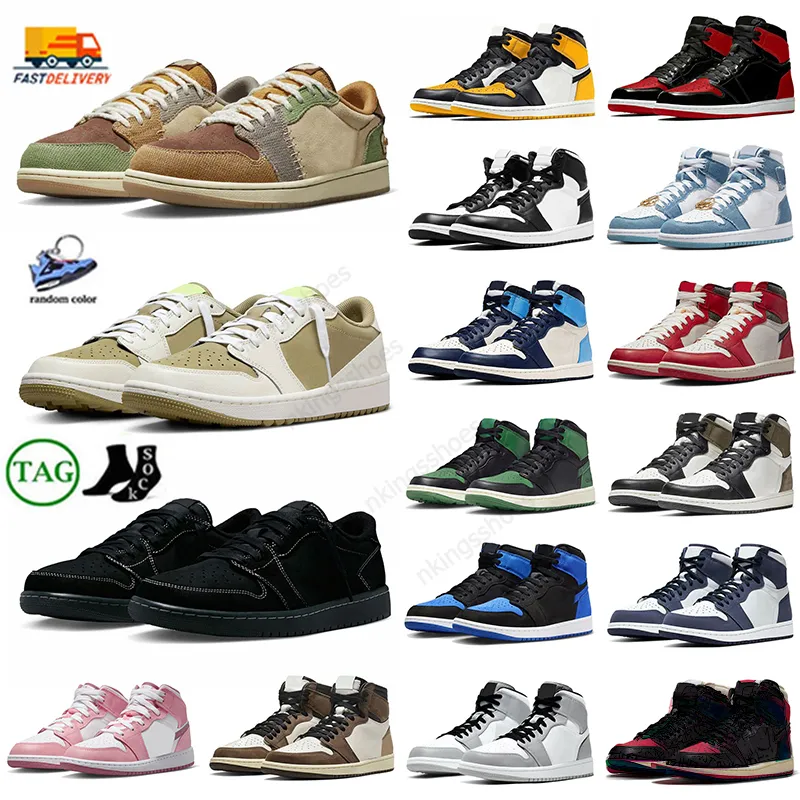 Män kvinnor basketskor med Box Jumpman 1s 1 Golf Olive Panda Royal Reimagined Satin Bred Fierce Pink Trainers Jodas Designer Sport Sneakers Jogging Outdoor