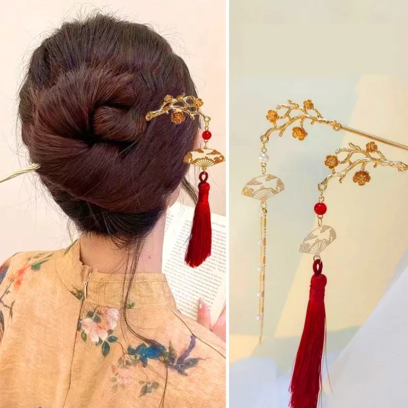 Kinesisk antik stil hårnål för kvinnor röd fläkt tassel hänge hår pinnar hanfu hårnål hår tillbehör brud smycken huvudbonader
