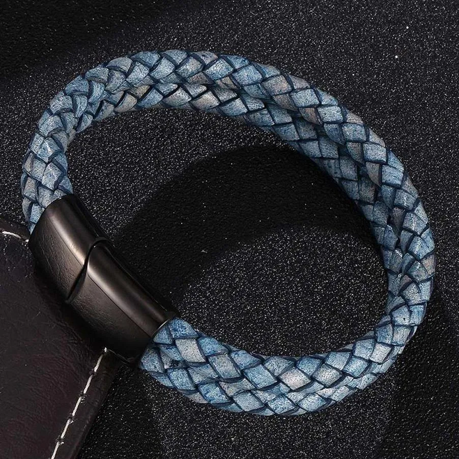 Bracelet en cuir tressé bleu rétro double couche pour hommes, bijoux à la mode en acier inoxydable, fermoir magnétique, bracelets pour hommes, cadeau 296Y