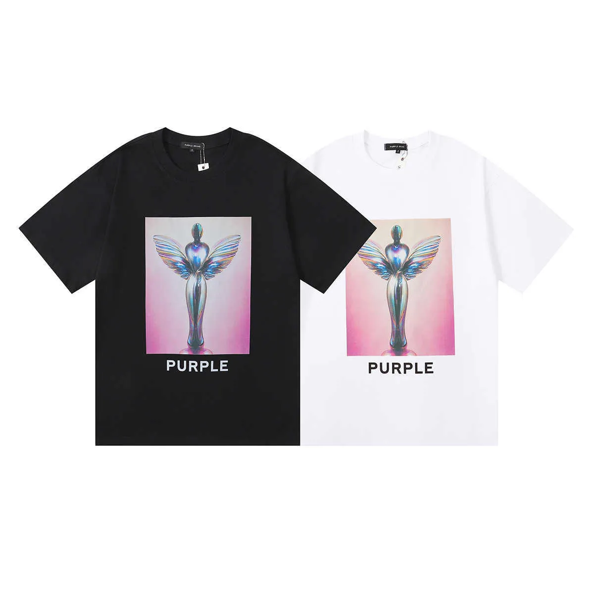 23SS American Fashion Brand Purple Brand Statue of Liberty Trophy Printed Men's and Women's Leisure Round Neck Kort ärm T-shirt