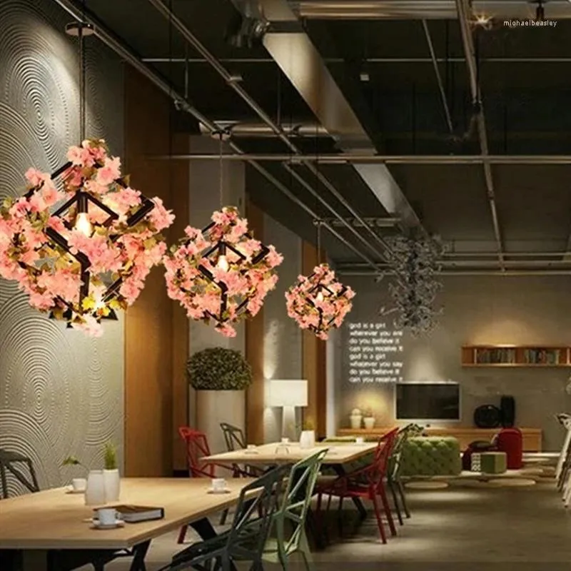 Kolye lambaları Sgrow Square Simülasyon Yeşil Bitkiler Kiraz Çiçekleri Bar Restoran Restoran Retro Lambası Ev Geliştirme