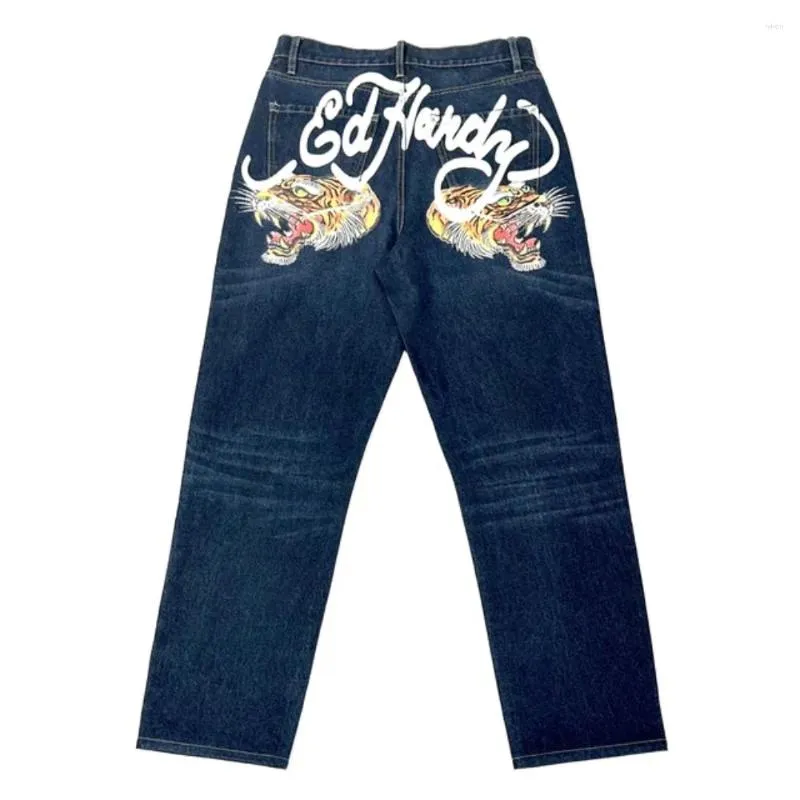 Jeans pour femmes Y2K Baggy Hip Hop Tiger Heads Fit Retro Retro Blue Denim Pantal