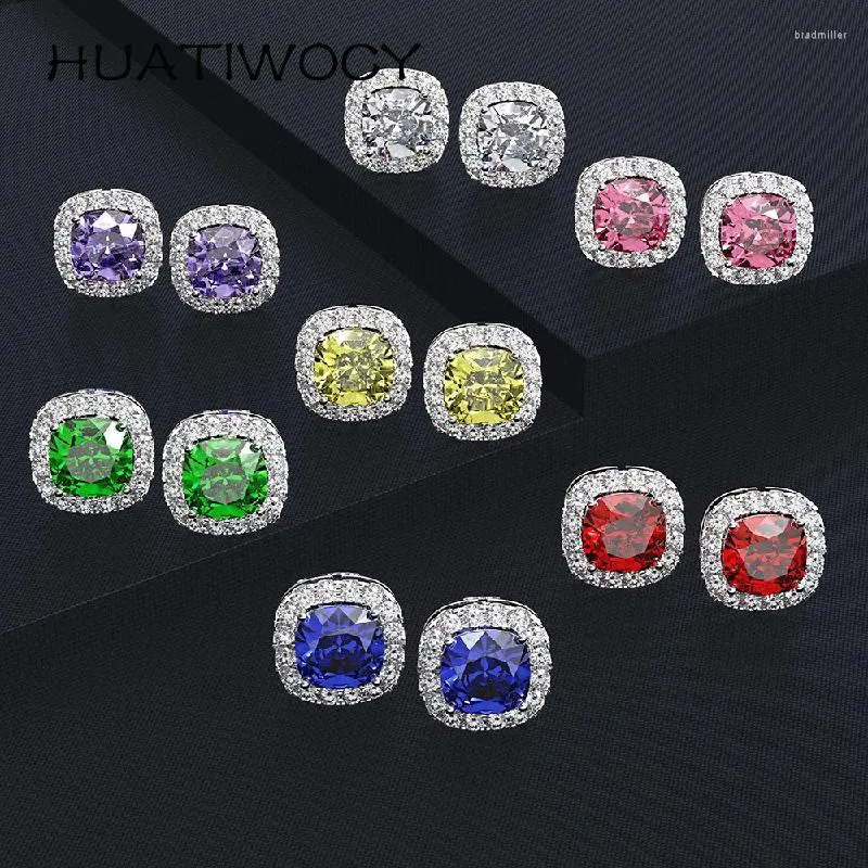 Studörhängen Huatiwocy Trendy Women 925 Silver smycken Tillbehör med zirkon Gemstone Square Shape Earring för bröllopsfest