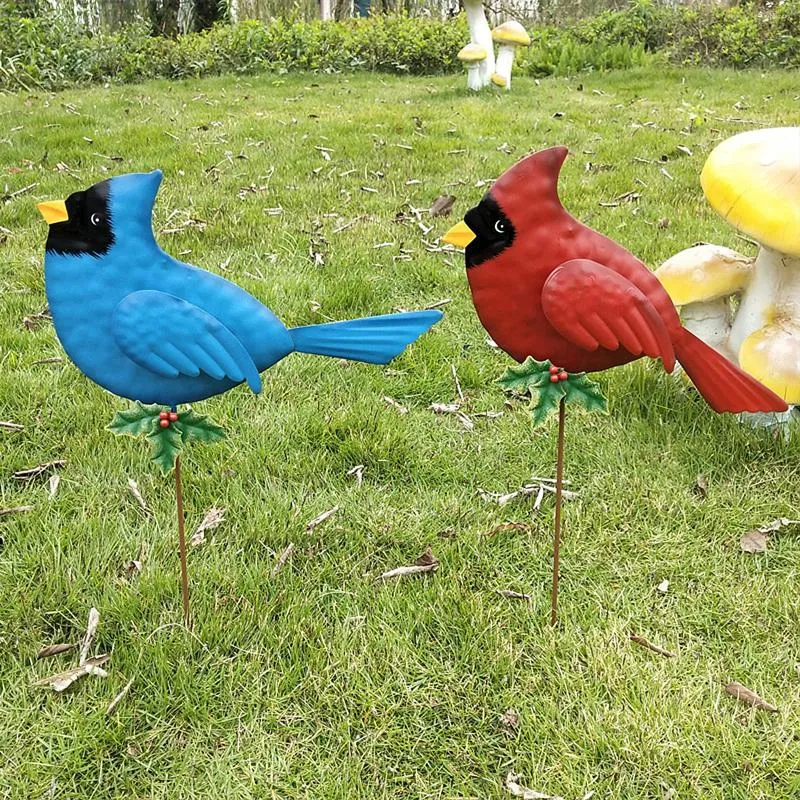 Décorations de jardin piquets extérieurs oiseau bleu rouge, ornement de maison, statue en fer, décoration de cour et de pelouse 51cm