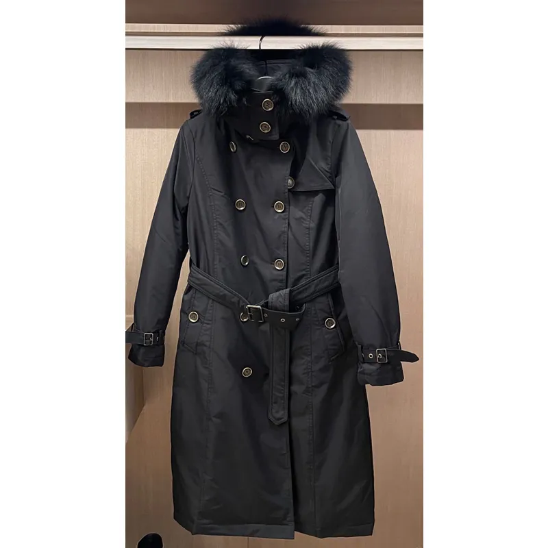 Manteau à capuche avec col en fourrure de renard pour femme, Double boutonnage avec ceinture, doublure à carreaux, dos fendu, tempérament 12.18