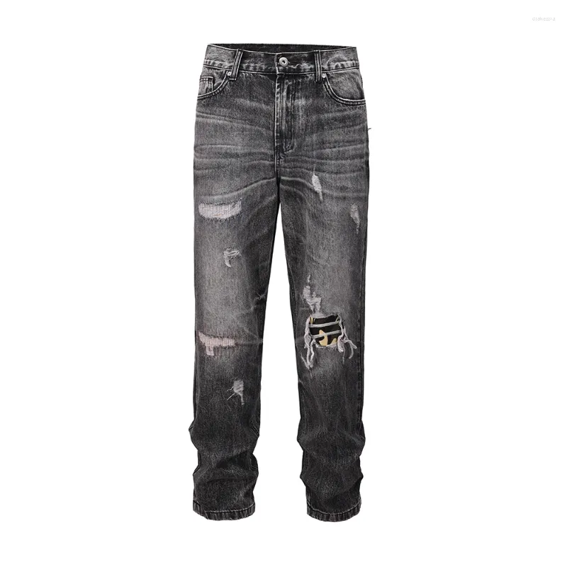 Y2K Mens Baggy Jeans, Ripped Frayed Black Straight Denim Pants For  