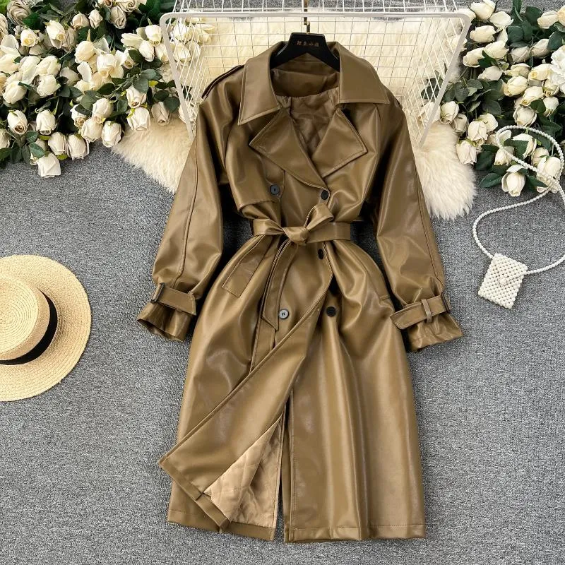 Women's Trench Coats Autumn Coat Fashion PU Leather Jackets Ladies Lapel Neck Long Sleeves Double Breasted Vintage Out Wear Thick