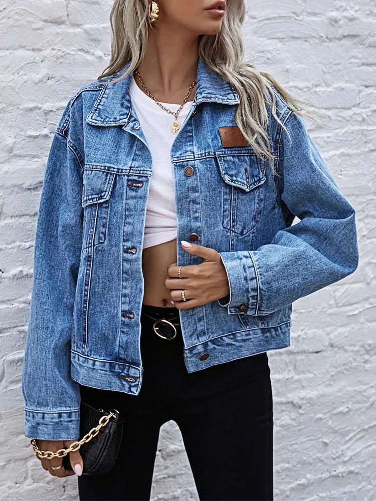 Damenjacken Benuynffy Turndown-Kragen Lose Jeansjacke Frauen Frühling und Herbst Einreiher Weibliche Outwear Lässige Jean Mäntel 231218