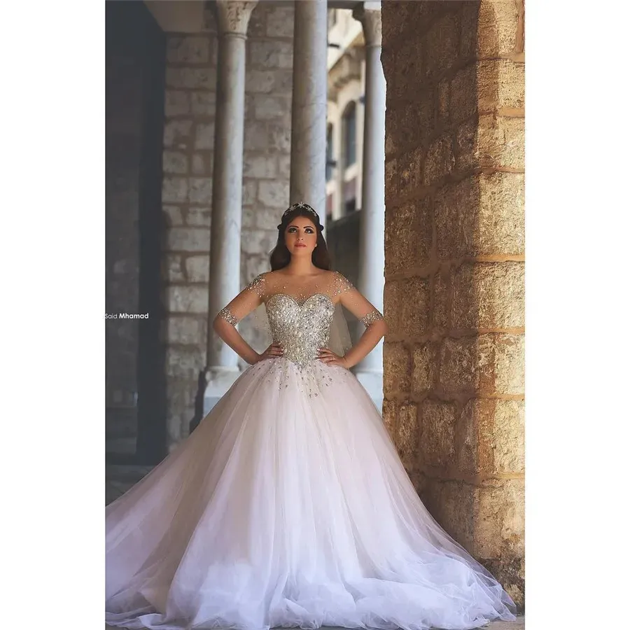 Saidmhamad Sheer Schatz Schwere Kristalle Ballkleider Lange Ärmel Hochzeit Kleid Auf Lager Brautkleid vestido de noiva