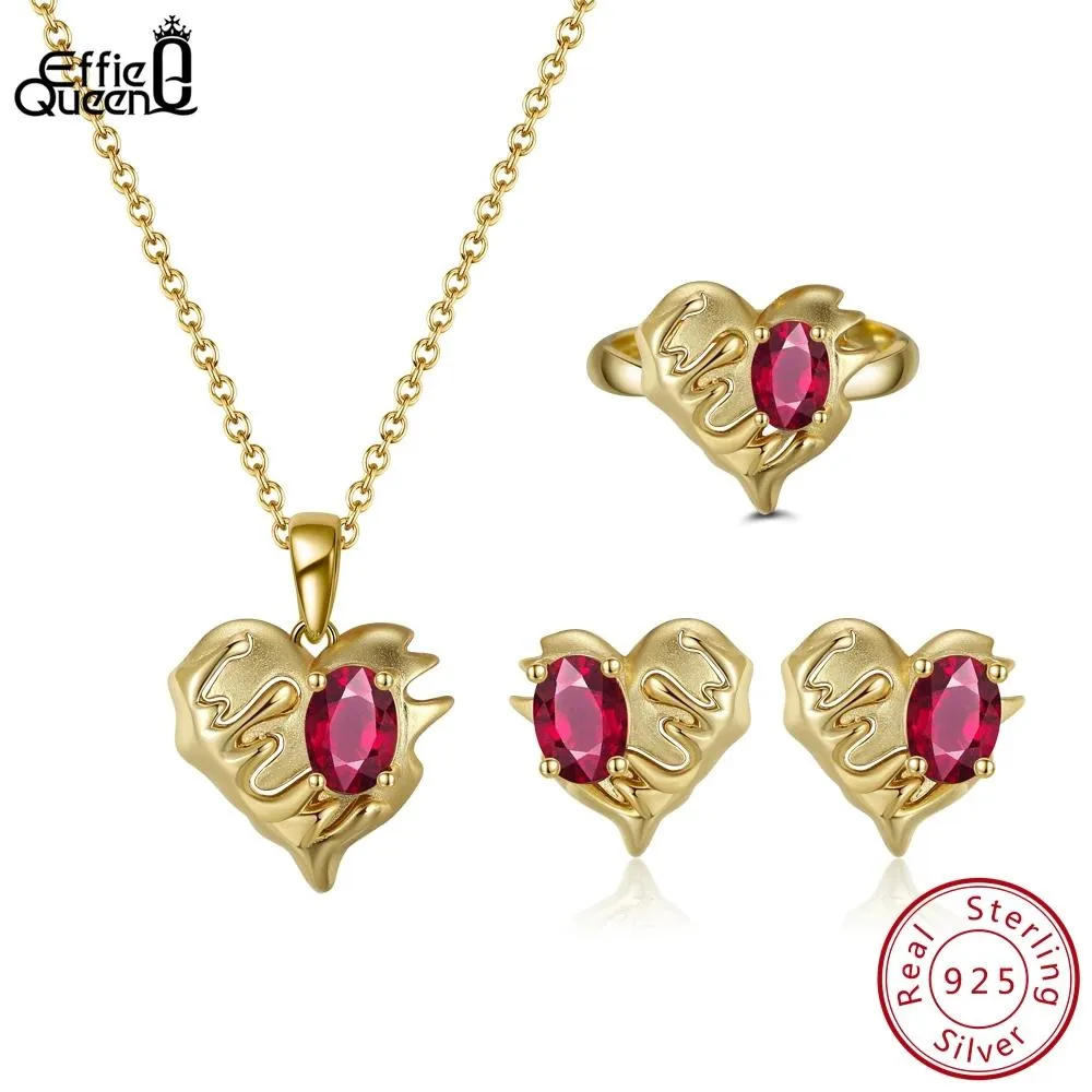 Effie Queen – ensemble collier/boucles d'oreilles/bague en forme de cœur en grenat naturel véritable, plaqué or 14 carats, ensemble de bijoux en argent Sterling véritable, Ssgm06