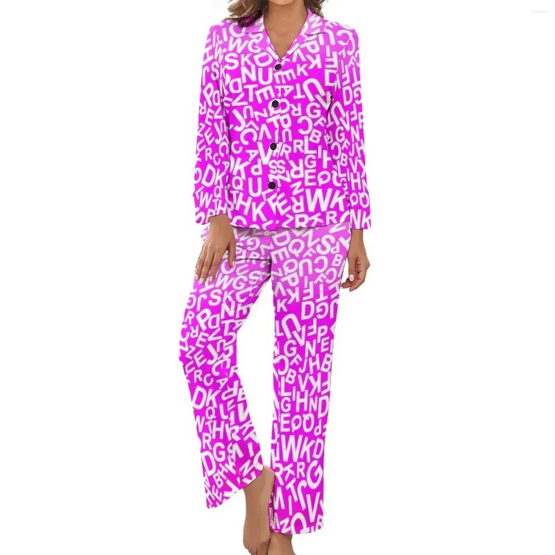 Damen-Nachtwäsche, Alphabet-Buchstaben-Pyjama, rosa Farbverlaufsdruck, Schlafzimmer, V-Ausschnitt, zweiteilige Damen-Pyjama-Sets mit grafischen Langarm-Motiven