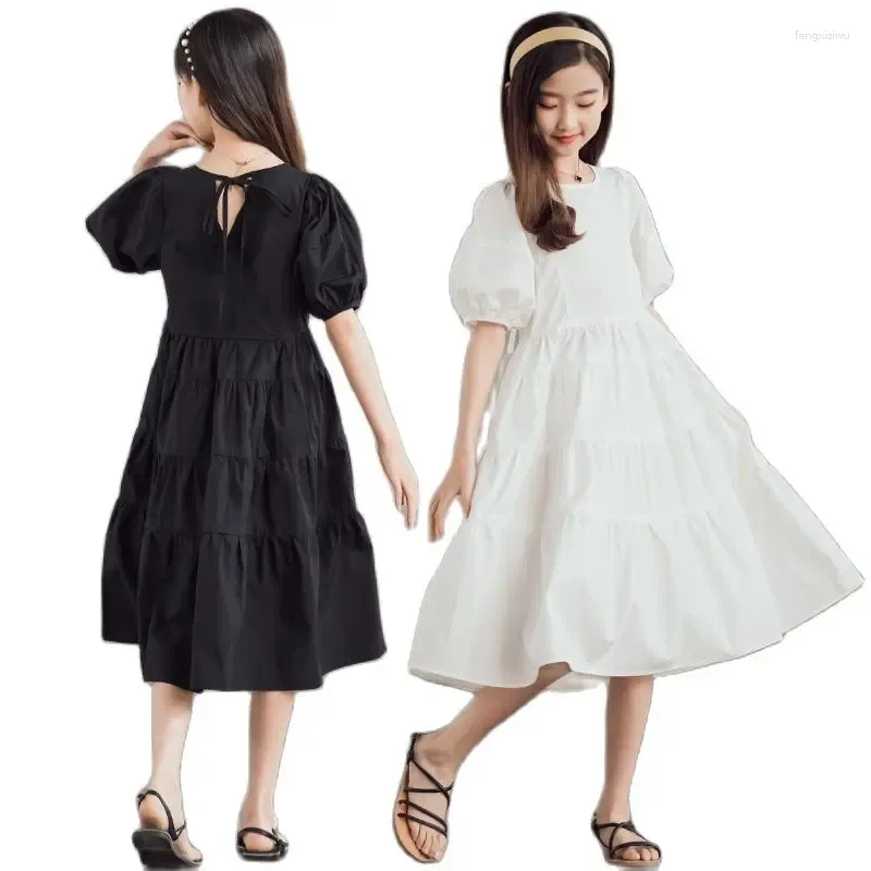 Sukienki dla dziewczynek modx bawełna koreańskie dzieci solidne krótkie puchanie rękawów księżniczka midi sukienka dla nastolatków 12 13 14 15 16 lat