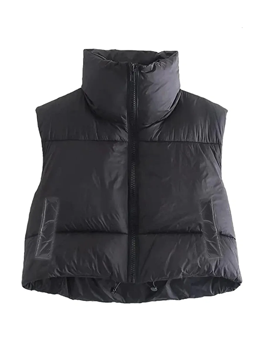 Gilet chaud d'hiver pour femme, gilet court sans manches, col montant, Double face, léger, bouffant, 231218