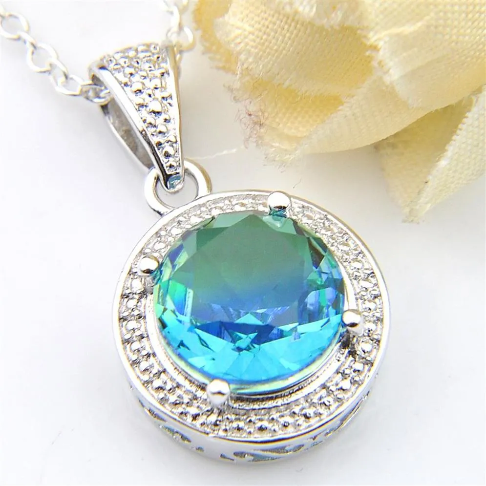 Luckyshine 10 mm bicolore Tourmaline gemmes élégant pendentif colliers femmes argent chaîne pendentif collier bijoux avec Chai280H