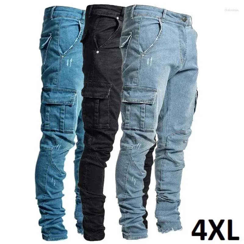 Jeans masculinos tamanho grande moda casual calças masculino desgaste diário lavado para homens cor sólida multi bolsos denim meados de cintura carga