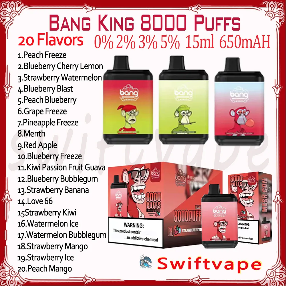 100% original Bang King 8000 Puff Jetable E Cigarette 20 Saveurs 15ml Pod Batterie Rechargeable 650mAh 8K Puffs 0% 2% 3% 5% RBG Light Vape Pen Kit Livraison rapide