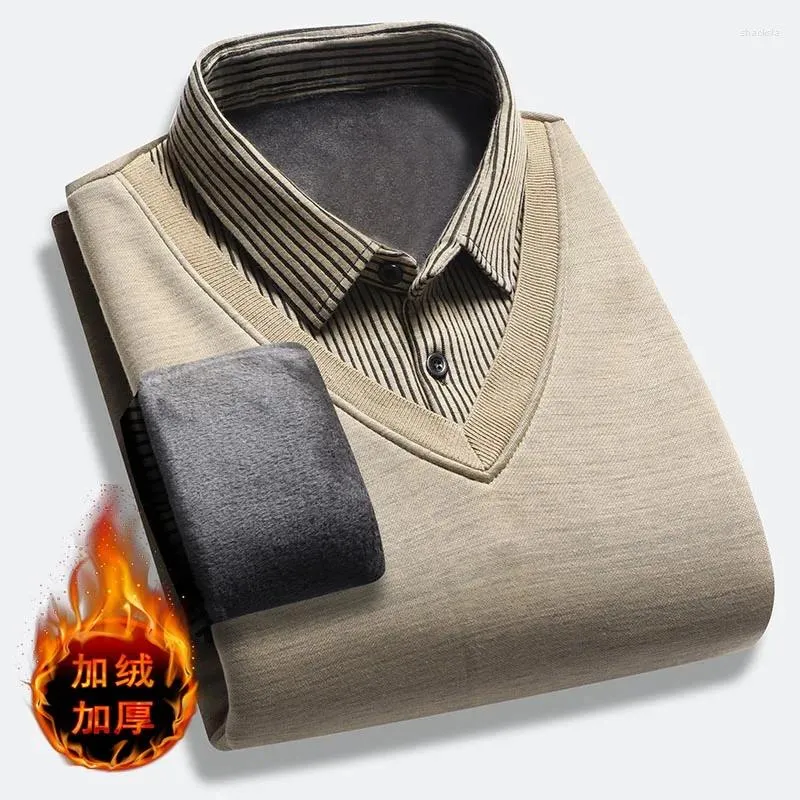 Men's Casual Shirts 2023 Winter Business Plus Velvet Thickened Sweater Pullover 4XL Warm Two Piece Set Shirt Mens